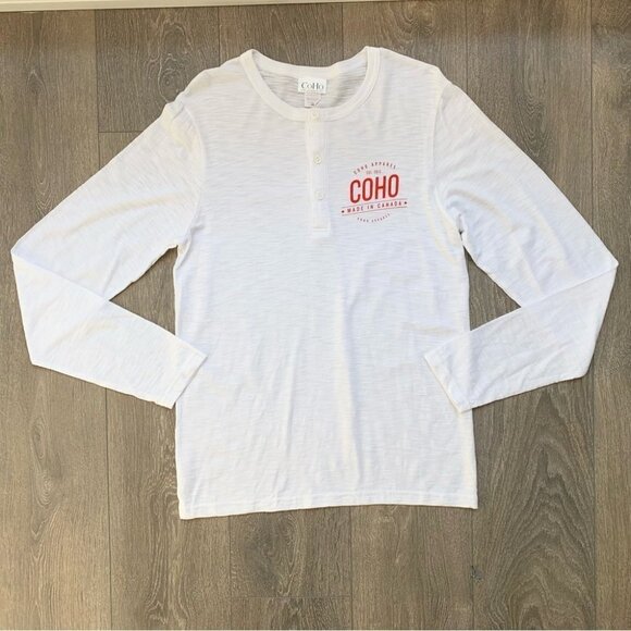 Mens Coho Apparel Logo Artisan Melange Henley Long Sleeve Shirt White Size Large - Picture 2 of 13
